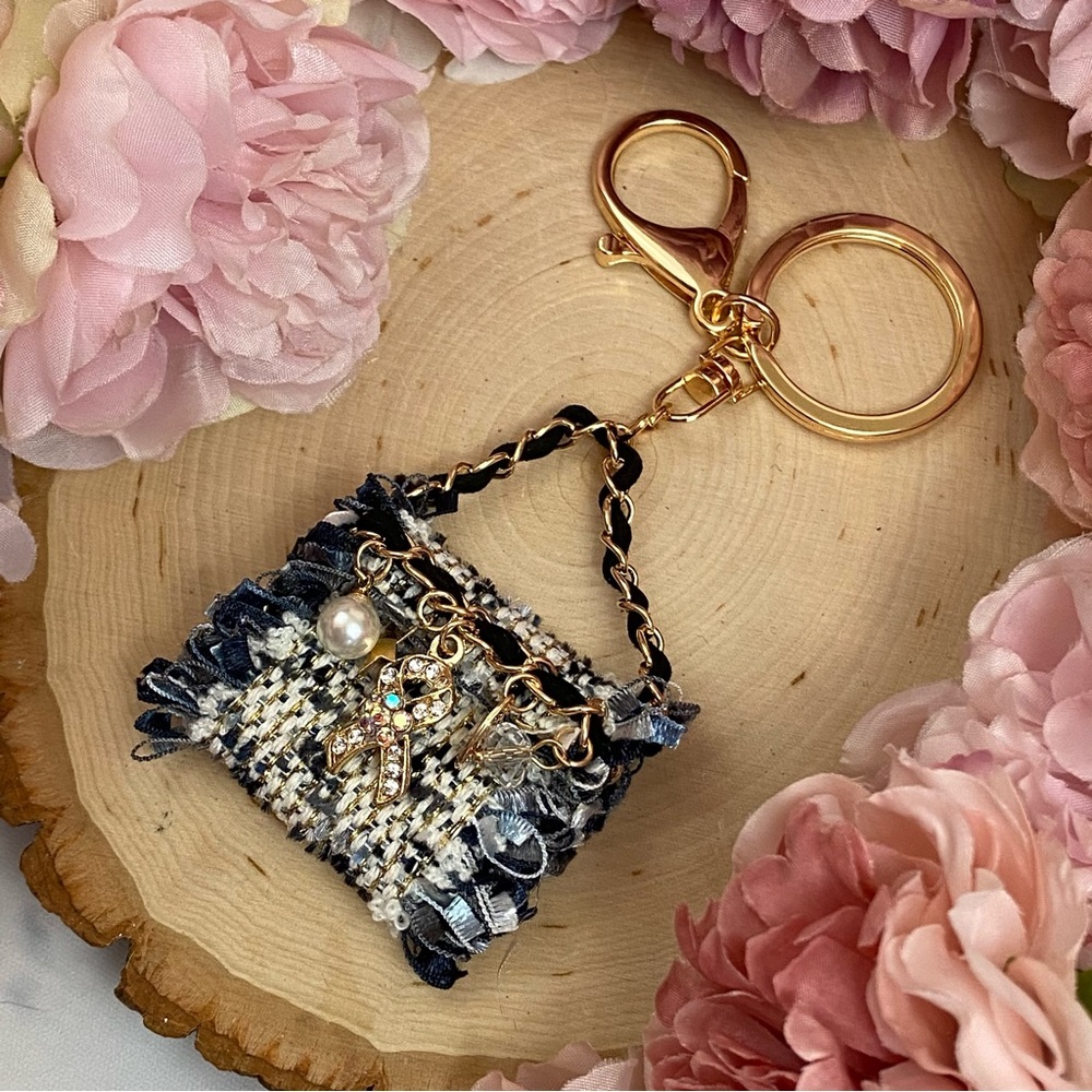 Blue and Black Textured Fabric Handbag Keychain Charm - Picture 8 of 16